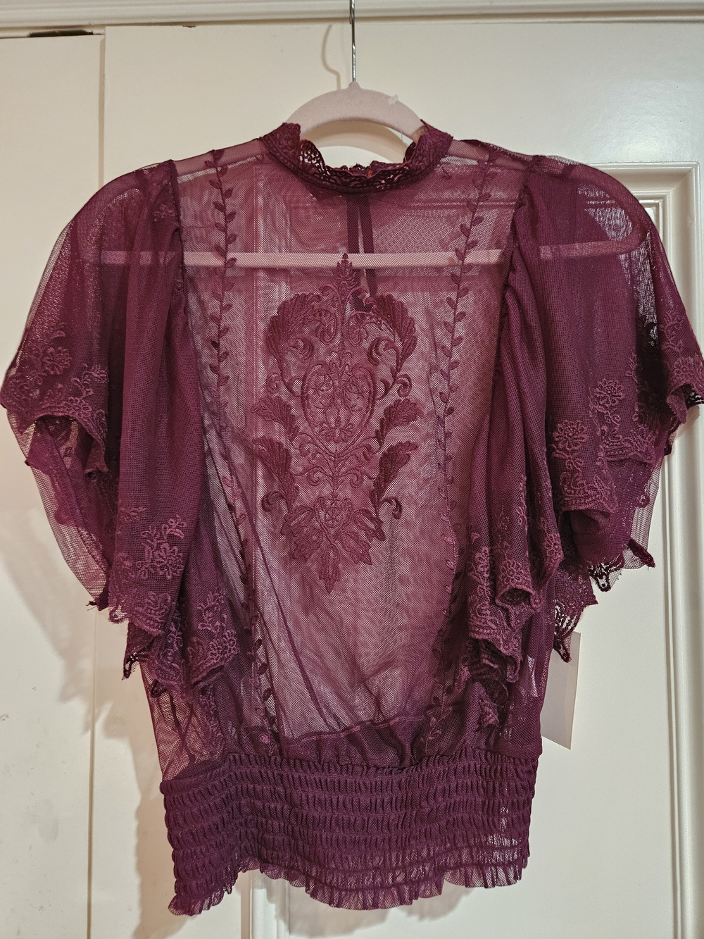 Sheer Embroidered Lace Top in Plum